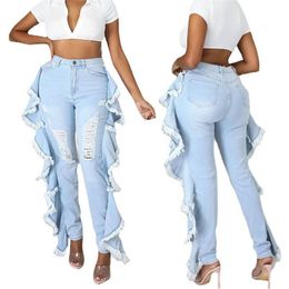 Women's Jeans WUHE Women Side Ruffles Tassel Denim Pants Zipper High Waist Washed Ripped Skinny Streetwear