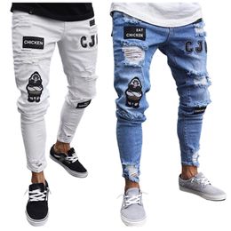 Fashion Embroidery Hole Slim Jeans For Men Casual Hip Hop Streetwear Patch Frayed Brand Denim Pencil Pants 207