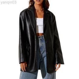 Xingqing Ladies Vintage Faux PU Leather Blazer Women Jacket Coat Long Sleeve Flap Pockets Streetwear Female Veste Femme L220801