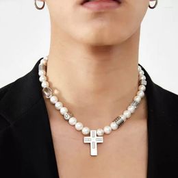 Chains Fashion Stainless Steel Cross Pearl Necklace For Women Men Male Street Hip Hop Neck Jewelry Trend 2022Chains Sidn22