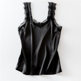 Sexy Lace Tank Top Women Summer Casual Satin Silk Vest Backless Lace-up Basic Tops Black Sleeveless Camisole T-shirt 210326