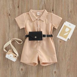 Fashion Summer Kids Girls Boys Casual Rompers Solid Short Sleeve Single-breasted Jumpsuits Playsuits with Waist Bag for Children G220517