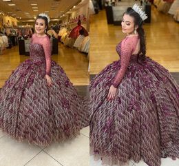 2022 Wine Bling Tulle Quinceanera Dresses Long Sleeve 3D Flowers Beaded Crystal Scoop Keyhow Backless Ball Gown Pageant Sweet 16 Dress 15 Girls