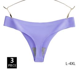 3PCS Ice Silk 4XL Large Plus Size Seamless Women G-String Low Waist Sexy Solid Soft Lady Thongs T-Back Panties Underwear 220511