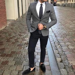 Men's Suits & Blazers Latest Casual High Steet Grey Suit For Men Notch Lapel 2 Pieces Smart Business Wedding Groomsman Blazer Set And PantsM