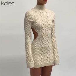 KLALIEN Simple Solid Long Sleeve Turtleneck Sweater Dress Autumn Women Warm Streetwear Slim Stretch Mini Bodycon Dresses 220317