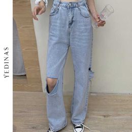 Yedinas High Waist Womens Fashion Loose Destroyed Hole Denim Mopping Pants Wide Leg Jeans Casual Trousers Plus Size 210527