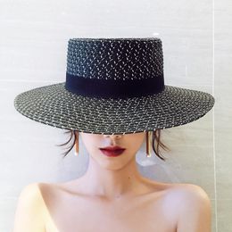 Wide Brim Hats Black And White Flat Straw Hat Women Elegant Fashion Beach Seaside Vacation Sunshade Sun Protection Panama Scot22
