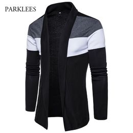 Shawl Collar Cardigan Men Pull Homme Fashion Autumn Slim Fit Long Mens Cardigans Casual Hit Colour Knitted Cardigan Sweater 201221