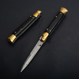 9 Inch Italian Godfather Mafia Stiletto Auto Pocket Folding Knife Damascus Blade Horn Handle Outdoor Tactical Camping EDC Tools