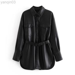 XNWMNZ Women black elegant classic faux leather jacket coat with belt Ladies Long Sleeve loose oversize boy friend retro Coat L220801