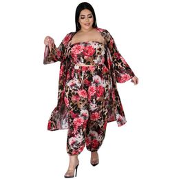 Women's Two Piece Pants Women Sets 2022 Printing Wrapped Top Cloak Fashion Three-piece Sexy Strapless Plus Size And