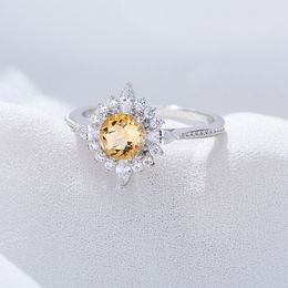 Round Shaped 6MM Yellow Crystal Gemstone inlaid gemstones Ring 925 Sterling Silver Natural stone Ring for Women Wedding Gift