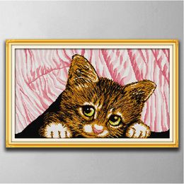 Cat behind curtain home decor paintings ,Handmade Cross Stitch Craft Tools Embroidery Needlework sets counted print on canvas DMC 14CT /11CT