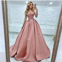 Party Dresses Elegant A-Line Beaded Pink Prom With Pockets Satin Zipper Back Dress Formal Evening Gowns Train For WomenParty