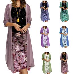 Damenkleider, Sommer-Damen-Langrock, zweiteilig, floraler Rundhalsmantel, Damen, sexy V-Blumendruck, Boho-Strandkleid, Rüschen, kurze Ärmel, Mini-Wickel-Sommerkleid, Robe