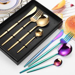 Flatware Sets Stainless Steel Cutlery Four-Piece Set Flat Handle Portuguese Gold Plated SetFlatware