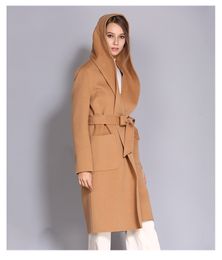 2022 camel women wool blends Cashmere Coats ladies outerwear a lapel collar Oversized coat with hoody belt