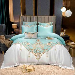 4pcs Satin Cotton Duvet Cover Set Embroidery Patchwork Bedding Rich Silky Soft Bed Sheet Pillowcases Queen King