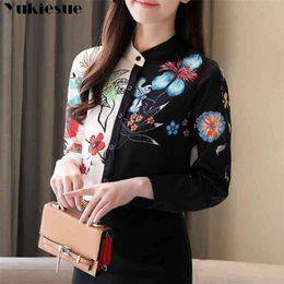 plus size Korean Print Stand Black Long Sleeve Top Clothing Chiffon Blouse for Women Spring Fashion Button Blusas Femininas 210401