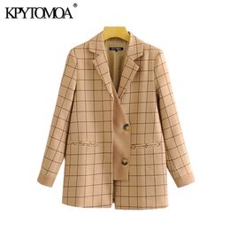 Vintage Stylish Patchwork Plaid Blazer Coat Women 2020 Fashion Notched Collar Long Sleeve Female Outerwear Chic Tops LJ201021