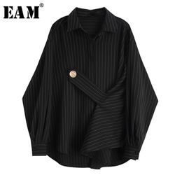 EAM Women Black Striped Big Size Blouse New Lapel Long Sleeve Bandage Loose Fit Shirt Fashion Spring Autumn LJ200815