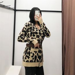 Women's Knits & Tees Women Fashion Belt Leopard Print V-neck Long-sleeved Knitted Cardigan Sweater Outerwear Chic Tops