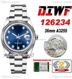 DIWF 36mm 126234 SA3235 Automatic Mens Watch Fluted Bezel Blue Dial Diamonds Markers 904L Steel Oystersteel Bracelet Super Edition Puretime I9