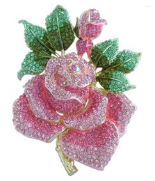 Fashion Pins Brooches For Women Gorgeous 5.32" Gold-Tone Pink Rhinestone Crystal Rose Flower Brooch Pin EE02994C12