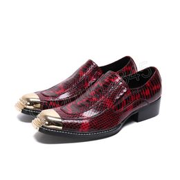 Plus Size Men Red Wedding Party Shoes Metal Square Toe Snakeskin Print Genuine Leather Mens Dress Shoes