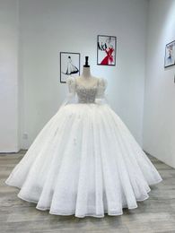 Princess Luxurious Ball Gown Wedding Dresses Bridal Sexy V Neck Long Sleeve Lace Appliques Sequins Wedding Sweep Floor Ruffles Gowns Satin Custom Made Plus Size