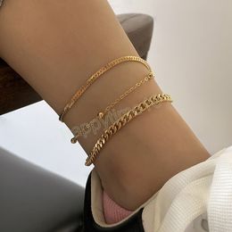Retro Fashion Geometric Flat Snake Chain Copper Bead Anklet Set Ladies Creative Hip Hop Simple Hollow Anklets Girl Jewelry Gift