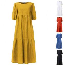 Women Dress Short Sleeve Large Hem Cotton-flax Solid Colour O Neck Loose Midi Dress for Summer L220705