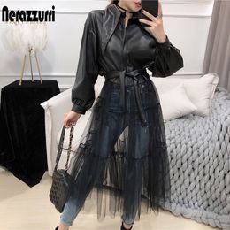 Nerazzurri Lace patchwork leather jacket women sashes long sleeve Fall women clothing Plus size fashion Leather coat women 201030