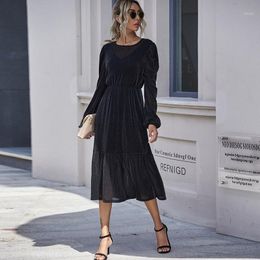 Casual Dresses Modern See Through Bright Silk Black Dress Eleagnt Looose Waist Long Frocks For Women Mid-calf Slevee Vestidos
