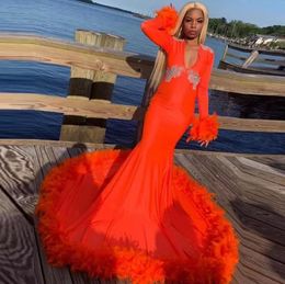 South African Prom Dress Mermaid V Neck Satin Beaded Feather Long sleeve Robe De Soiree Dubai Saudi Arabic Evening Dresses PRO232