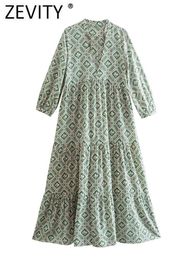 v dress up Canada - Casual Dresses Zevity Women Vintage Geometric Floral Print Pleats Midi Shirt Dress Female Chic V Neck Lace Up Retro Vestidos 1811Casual Dres