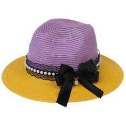 Womens Two Tone Sun Hats Black Lace Bow Summer Beach Hat for Women Foldable Travel Straw Hat