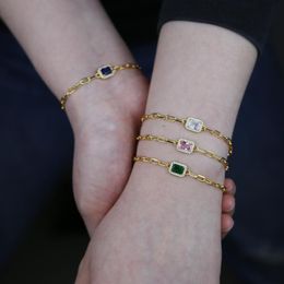 Charm Bracelets Gold Color Micro Pave CZ Colorful Birthstone Geometric Rectangle Fashion Bracelet For Girl Women WholesaleCharm BraceletsCha