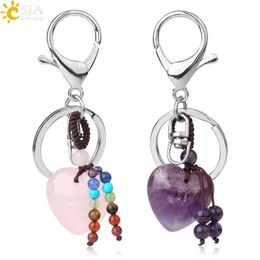 CSJA Heart Natural Crystal Keychains 7 Chakra Healing Stone Pink Quartz Tiger Eye Keyring Silver Colour Car Key Holder Decor G554 AA220318