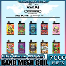 100% Original Bang Mesh Coil 7000 Puffs Bars Disposable E cigarettes Vape Pen 15ml Pre-filled Pods Cartridge 850mAh Rechargeable Battery