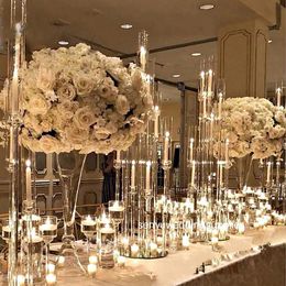 decoration Wholesale 8 arms long stemmed modern acrylic tube vase crystal candle holders wedding table centerpieces candelabra 102
