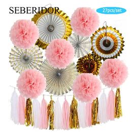 Other Event Party Supplies Wedding Valentine Favour Gold Pink Set DIY Hanging Paper Tassel Folding Fan Tissue Pompom White Baby Girl Boy Baptism Decor 230206