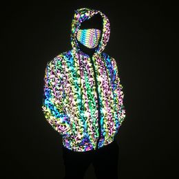 Men's Jackets Mushroom Pattern Dazzling Color Reflective Jacket European And American Outdoor Fantasy Reflective Hooded Coat Windbreaker