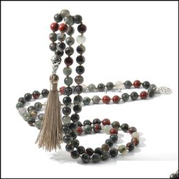 Beaded Necklaces Pendants Jewelry Natural Bloodstone 108 Mala Knotted Necklace Semi Meditation Yoga Japamala With Tree Of Life Pendant 211