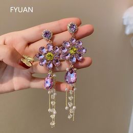 Dangle & Chandelier Korean Style Summer Purple Blue Flowers Drop Earrings For Women Long Tassel Water Crystal JewelryDangle