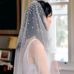 Bridal Veils V01 Finger Length Pearl Veil Partially Decorated 1 Tier Long With Cut Edge Moroccan Wedding CombBridal