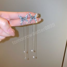 Temperament Tassel Diamond Butterfly Zircon Long Earrings For Women Korean Fashion Dangle Earring Daily Birthday Party Jewelry Gifts