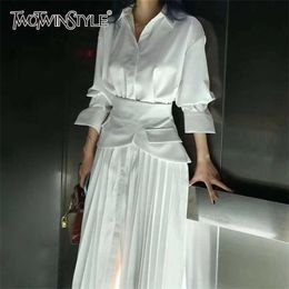 TWOTYLE Elegant Pleated Dress For Women Lapel Long Sleeve High Waist Maxi Dresses Female Fashion Clothing Spring 220815