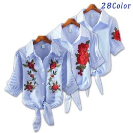 Women Embroidery Blouse Shirts Turn-down Short Sleeve Summer Spring Shirts Stripe harajuku Ladies Embroidery Blue Stripe Top 210308